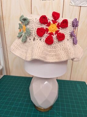 Crocheted Flower Bucket Hat with Cream Base and Multicolor Flowers